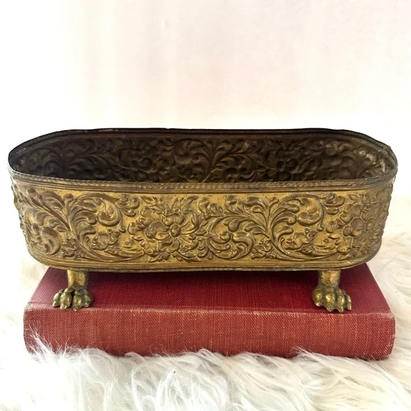 Beautiful Floral Copper Clawfoot Gold Cashpot Planter - Picture 2 of 7